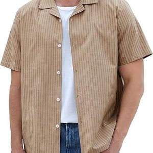 Men's Cuban Striped Button Down Shirt Cotton Short Sleeve Casual Summer Shirts